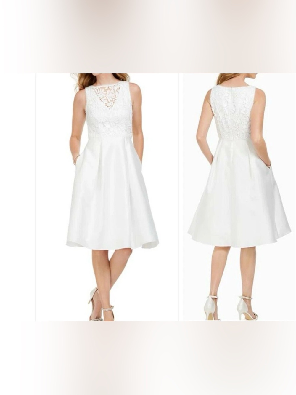 Adrianna Papell Dress Womens 0 Lace Pleated Midi Cocktail Wedding Dress White
